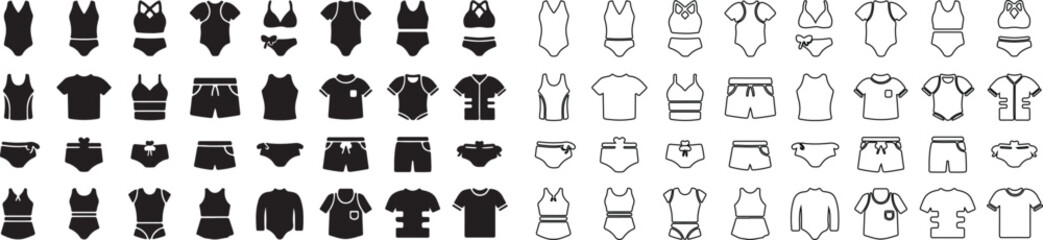 Naklejka premium Collection of Swimwear and Clothing Icons Set in Modern Line and Glyph Style Vector isolated PNG with Transparent Background