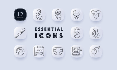 Fototapeta premium Pregnancy and baby set icon. Pregnant woman, baby, thermometer, diaper, calendar, onesie, stroller, pacifier, ultrasound, gender, fetus, swaddle, heart symbol, motherhood.