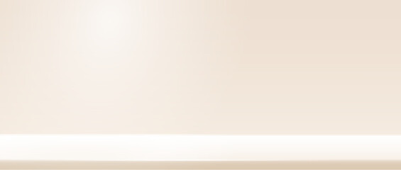 Studio background with beige wall and shelf. Empty room gradient with white light. Product presentation scene blank backdrop. Clean ivory platform. Kitchen table with gradation. Vector illustration.