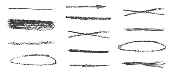Doodle pencil underlines. Crayon line brush stroke set. Graphite pencil texture strikethrough, arrow, oval frame. Black chalk highlight forms for school text marks. Vector freehand scribble dividers.