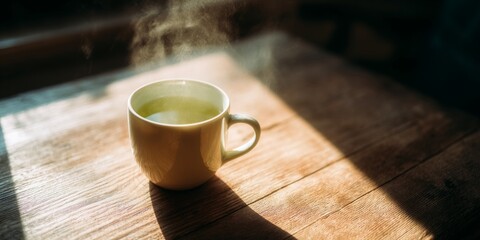 Steaming White Coffee Mug on Wooden Table Near Sunlit Window in Cozy Kitchen