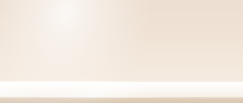 Studio background with beige wall and shelf. Empty room gradient with white light. Product presentation scene blank backdrop. Clean ivory platform. Kitchen table with gradation. Vector illustration.