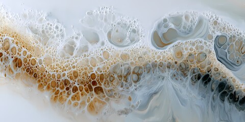 Abstract close-up of soap bubbles and foam on a glossy liquid surface with beige blue and white tones