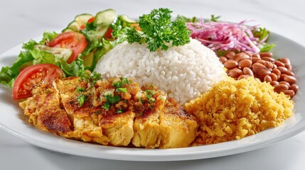Composi&Atilde;&sect;&Atilde;&pound;o de comida brasileira com arroz, feij&Atilde;&pound;o, farofa, salada e frango grelhado sobre prato branco