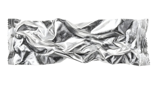 A highly detailed crumpled silver foil chewing gum wrapper isolated on white background unfolded and smoothed out with shiny and metallic and packaging