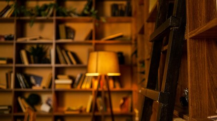 Cozy library interior with warm lighting and a vintage ladder, perfect for reading