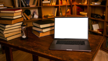 Laptop and stack of old books on a wooden desk in a library with bookshelves in the background © shine.graphics