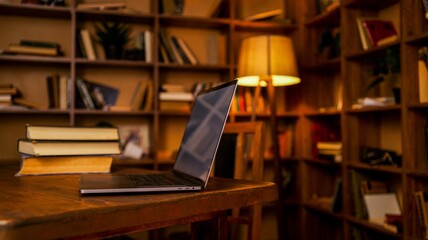 Laptop and books on a wooden desk in a cozy library with warm lighting