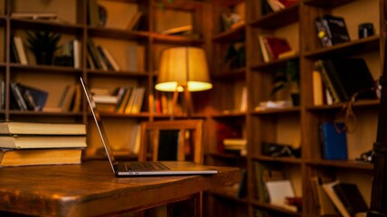 Cozy study room with bookshelves, a laptop, and a stack of books on a wooden desk