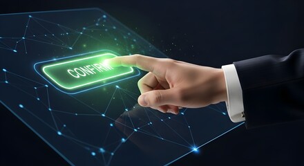 Businessman's hand pressing a glowing green confirm button on a futuristic digital interface.
