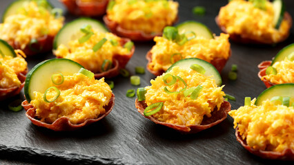 Crispy salami cups with cheese filling, antipasto, snack, party food