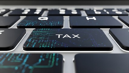 Close-up of a keyboard's 'TAX' key, highlighting digital finance and online financial obligation processing in a modern technological environment.