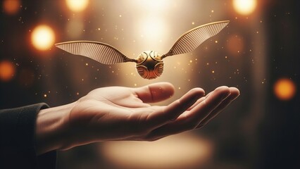 A golden snitch from the wizarding world hovers magically above an open human hand with a warm, glowing background.