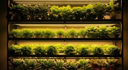 Abundant Lush Green Plants Flourishing on Vertical Shelves Under Bright Artificial Grow Lights, Showcasing Indoor Agriculture and Sustainable Cultivation.