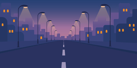 Night city street illustration. Wide empty road with tall streetlights. Warm light pools on asphalt. Distant building silhouettes fading back. Calm urban night atmosphere.