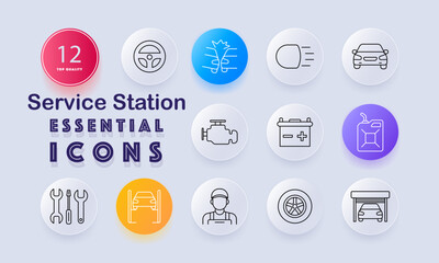 Service station set icon. Steering wheel, crash impact, car, engine, battery, fuel canister, mechanic, car lift, tire, spanners, headlights, garage