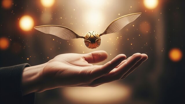 A golden snitch from the wizarding world hovers magically above an open human hand with a warm, glowing background.