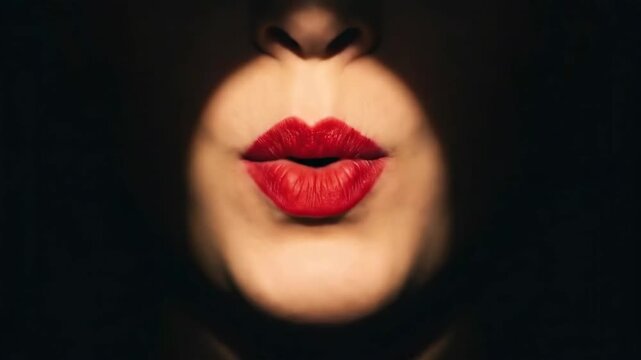 Close up of woman mouth with red lipstick in circular spotlight animation
