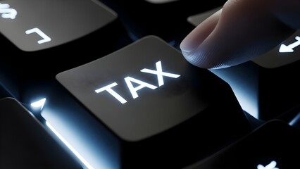 Finger pressing glowing 'TAX' key on a dark digital keyboard, representing modern online finance, tax calculation, and efficient financial management.