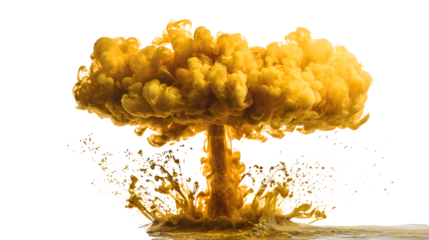 A single drop of gold ink falling into water creating a mushroom cloud explosion with ripples and splashes on a white background with dynamic