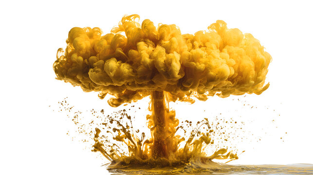 A single drop of gold ink falling into water creating a mushroom cloud explosion with ripples and splashes on a white background with dynamic - Powered by Adobe