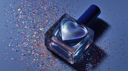 heart shaped glitter nail polish bottle, sparkling nail polish in heart bottle, luxury nail polish with glitter texture
