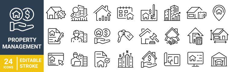 Property Management web line Icons &ndash; Real Estate, Rental, Lease Agreement, Maintenance, Investment, and Housing Services