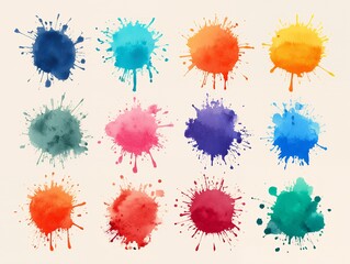 A collection of twelve colorful watercolor paint splatters in various vibrant hues arranged on a light background, concept for graphic design projects, abstract art backgrounds and digital invitations