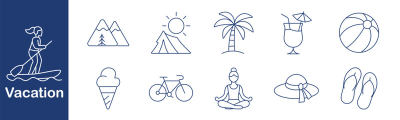 Obraz premium Vacation set icon. Surf, mountains, sun, tent, palm, cocktail, ball, ice cream, bike, yoga, hat, flip flops. Travel, beach, relax, sport, summer, nature, tropical, outdoor, holiday, leisure.