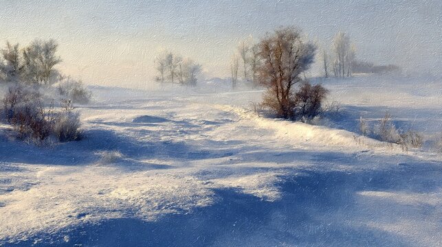 Serene Winter Landscape with Frosty Trees and Misty Snowy Field - Powered by Adobe