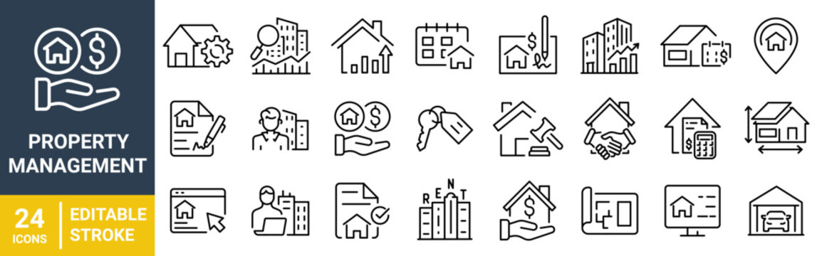 Property Management web line Icons &ndash; Real Estate, Rental, Lease Agreement, Maintenance, Investment, and Housing Services