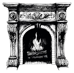 Naklejka premium Hand drawn illustration of an ornate fireplace depicting a burning fire for cozy home interior