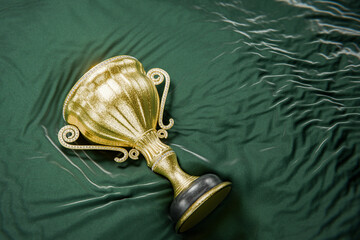 Winners' cup on green fabric. Prize place. Gold winners' cups as a reward. Achievements. Victory. Goal achievement concept. First place in a computer game. Award for outstanding achievement. 3D render