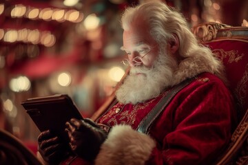 Santa Claus in a red velvet suit sits, focused on a tablet against a warm festive bokeh background, concept for modern holiday advertisements, Christmas productivity and digital gift management