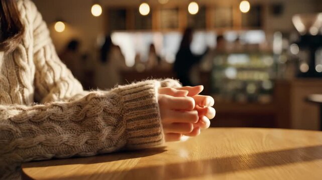 Delicate fingers adorned in a soft knitted sweater rest on a smooth wooden table. Warm sunlight filters through the cafe, creating a serene atmosphere enriched by gentle buzz of patrons.