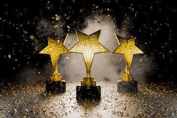 Winner certificate. First place in a computer game. Gold star on a blue background as a reward. Top Performance Award. Winners Cup. Achievements. Victory. Goal achievement concept. 3D render.