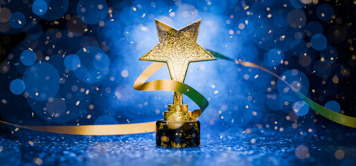 Winners Cup. Achievements. First place in a computer game. Winner certificate. Gold star on a blue background as a reward. Top Performance Award. Victory. Goal achievement concept. 3D render.