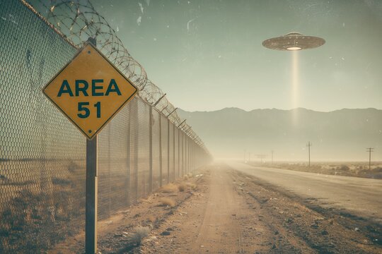 Area 51 sign on a fence line in the hazy desert landscape with a classic flying saucer beaming light from above, concept for sci-fi story, documentary footage and mystery themes
