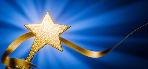 Achievements. First place in a computer game. A gold star festive background as a reward. Goal achievement. Winner's Cup. Award for outstanding achievement. Victory. Winner's certificate. 3D render.