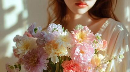 Joyful woman embracing a lovely bouquet of pastel flowers with gentle sunlight enhancing beauty