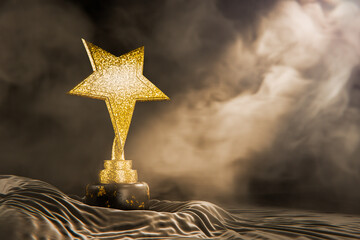 Victory. Winner's certificate. Award for outstanding achievement. Achievements. First place in a computer game. A gold star festive background as a reward. Goal achievement. Winner's Cup. 3D render.