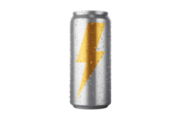 A silver can with a yellow lightning bolt design covered in condensation on transparent background