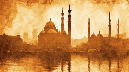 Mosques and city skyline over a river, in warm tones.