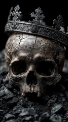 Detailed shot of a cracked, decaying skull wearing an ornate dark crown on black coal, concept for historical fantasy games, gothic book covers and mortality themes