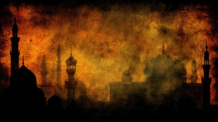Silhouette of mosques against a textured background.