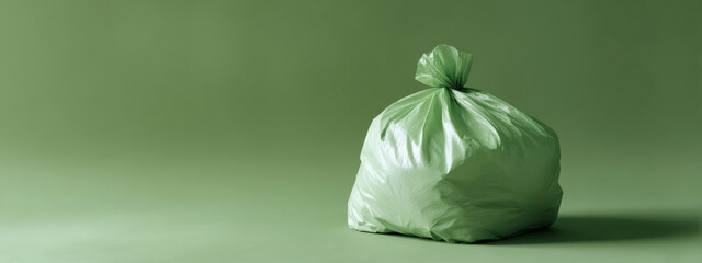 A full green garbage bag sits against a matching background, ready to go.