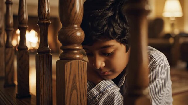 In an intimate setting, a young boy leans against wooden posts, lost in deep thought. The warm glow of nearby lights creates a serene atmosphere, inviting reflection on childhood.