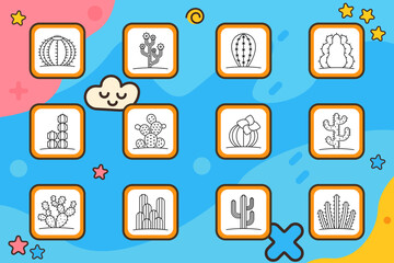 Cactus set icon. Barrel, prickly pear, saguaro, desert flora, blossom, stacked, blooming, wild nature, succulent, thorns. Nature, plant, botany, arid.