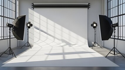 Professional photography studio with lighting equipment and seamless backdrop for creative shoots