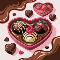 Heart Shaped Chocolate Box with Strawberry Truffles Valentine Dessert Illustration